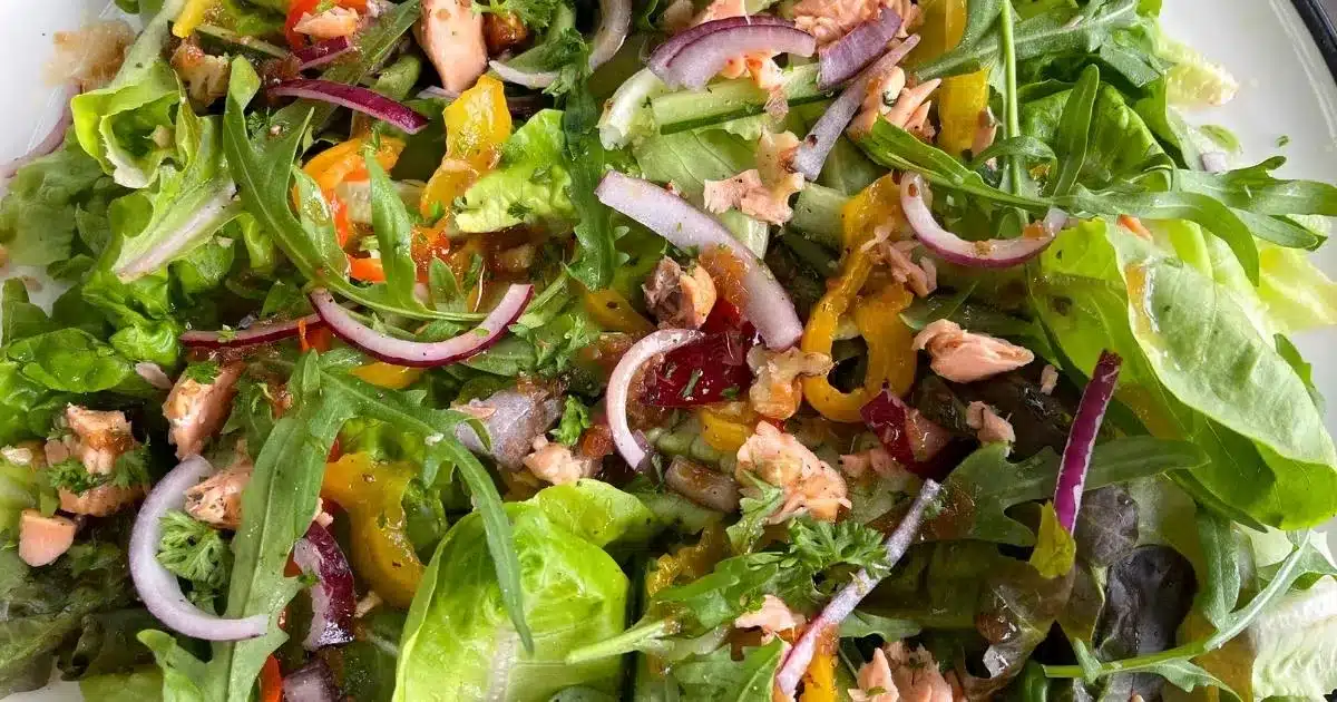 salada de salmão desfiado saudável