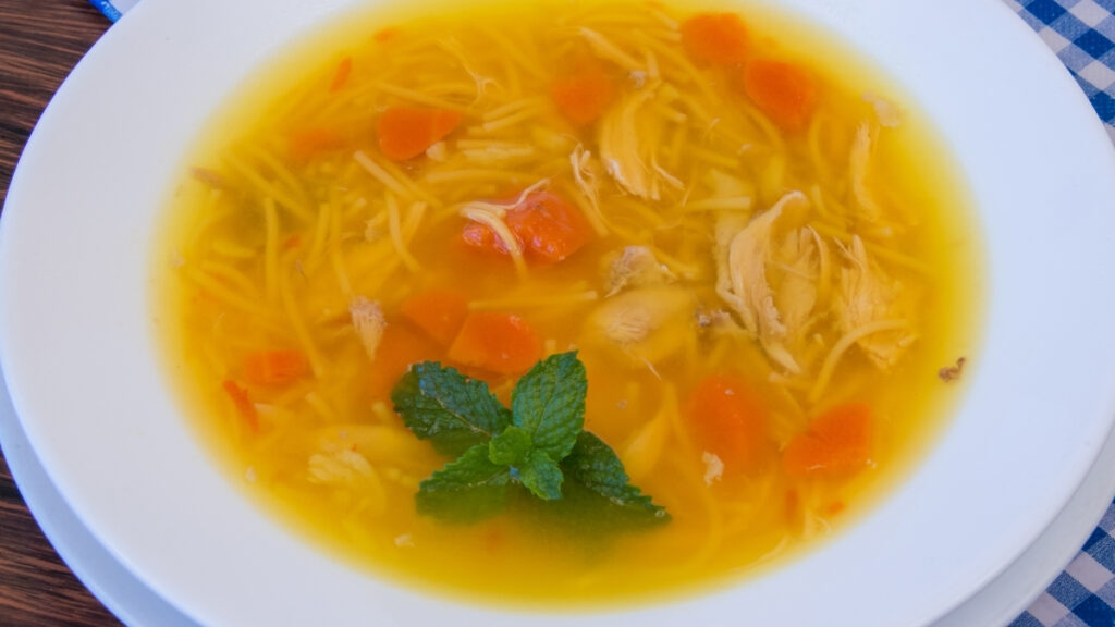 Sopa caseira de frango desfiado