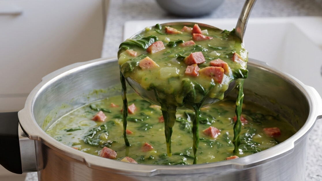 Caldo verde com bastante linguiça defumada e alho fácil